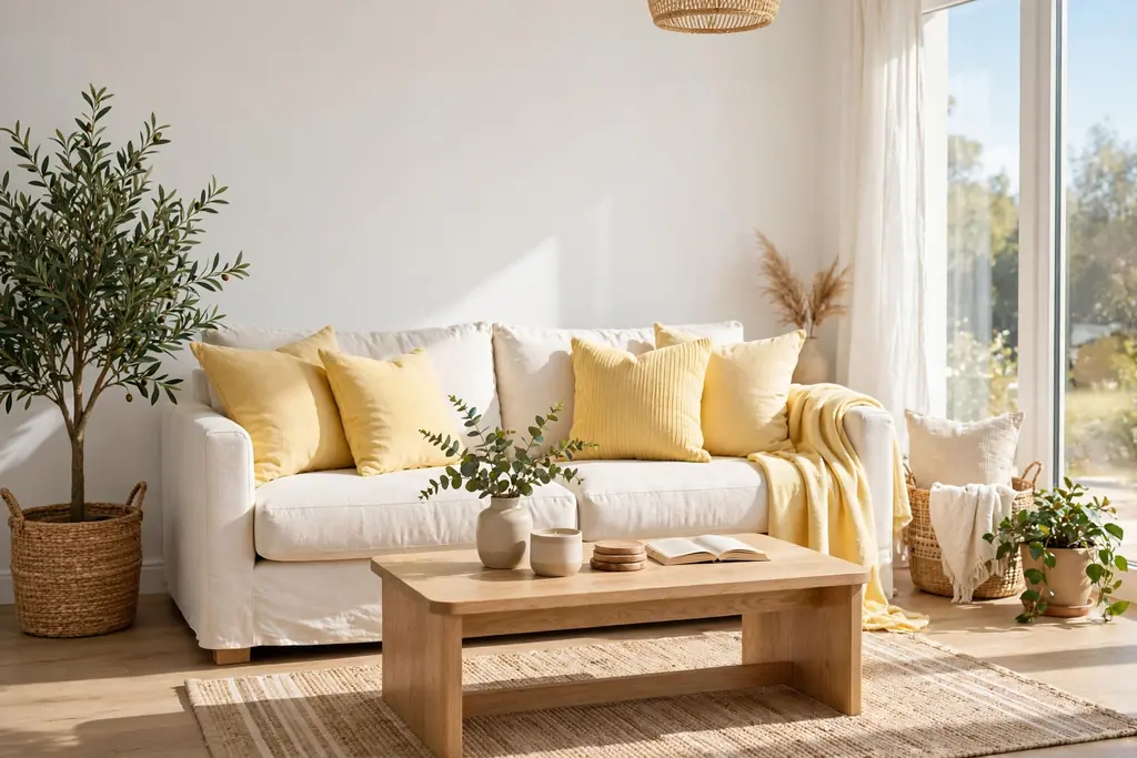 Sunny living room with white walls, cream sofa, butter yellow cushions and throw, and light wood.