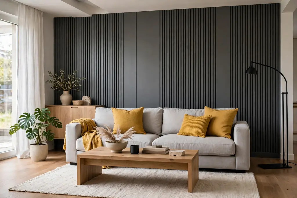 Living room with a charcoal feature wall, light grey sofa, mustard cushions, and a wood coffee table.