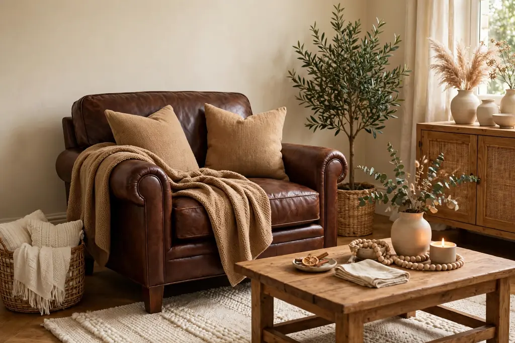 Warm family living room with cream walls, chocolate brown leather chair, camel cushions and throw, and a wood coffee table.