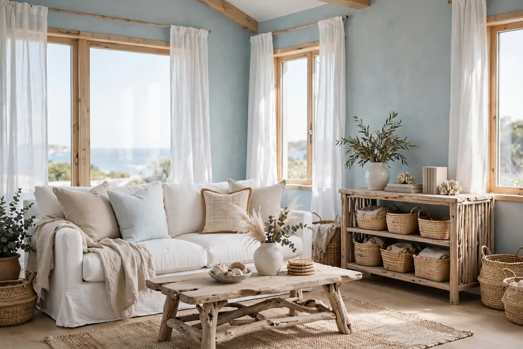 Bright coastal living room with pale blue walls, white linen sofa, light wood, and woven baskets.