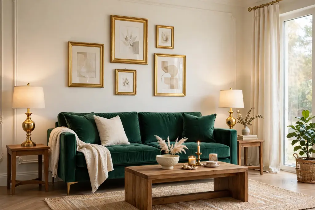 Living room with an emerald green velvet sofa, cream walls, cream curtains, and gold lamps and frames.