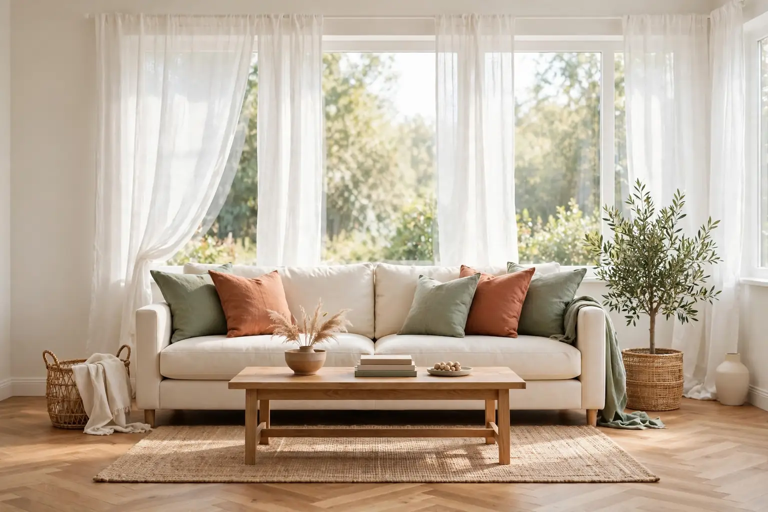 Wide bright living room with warm white walls, a cream sofa, natural wood coffee table, sage and terracotta cushions, and daylight through sheer curtains.