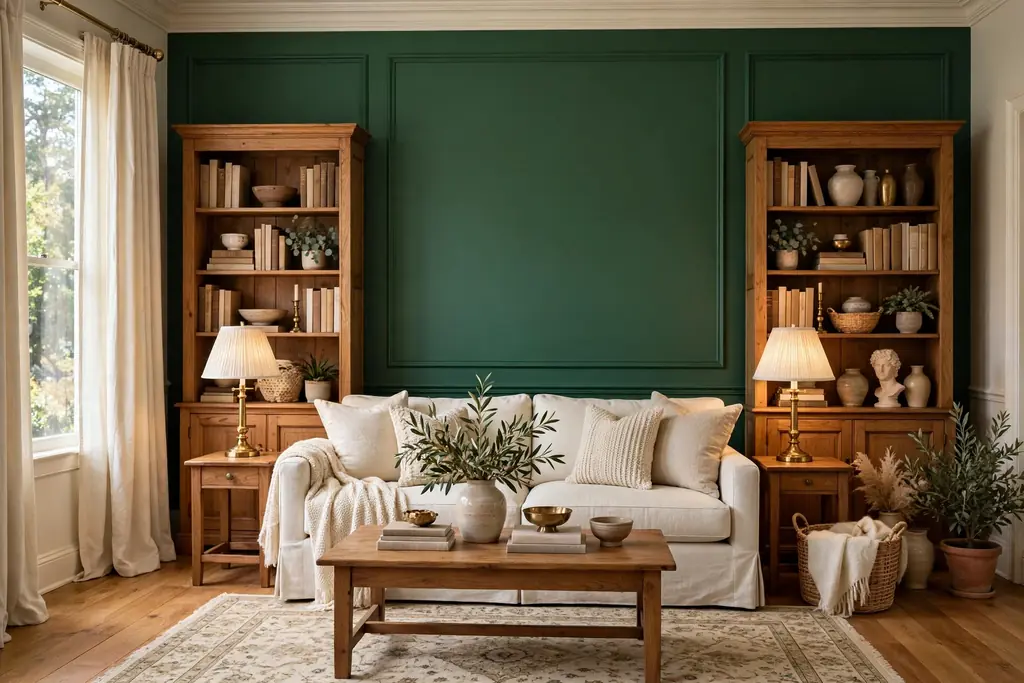 Living room with a forest green feature wall, cream curtains, brass lamps, and wood bookcases.