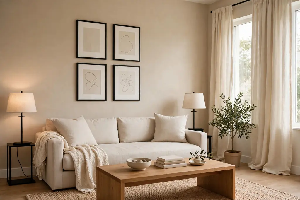 Minimal living room with greige walls, light greige sofa, black lamp bases and frames, and a wood coffee table.