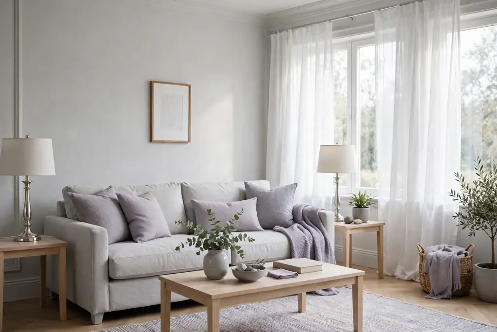 Serene living room with light grey walls, light grey sofa, lavender grey cushions and throw, and silver lamp bases.