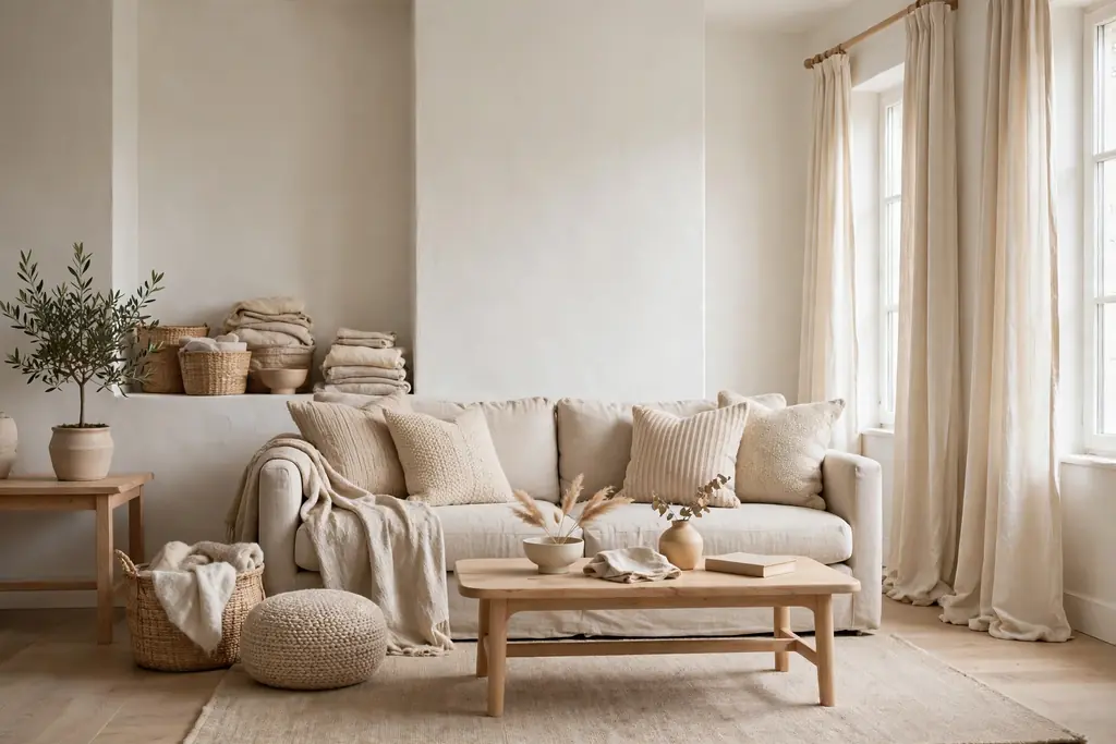 Calm living room in warm neutrals with an oatmeal sofa, cream curtains, beige rug, linen and wool textures, and light wood.