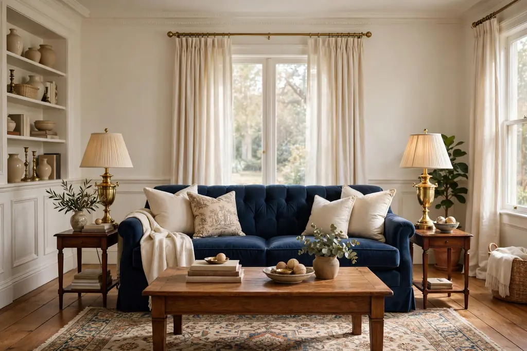 Living room with a navy sofa, warm white walls, cream curtains, and brass lamps.