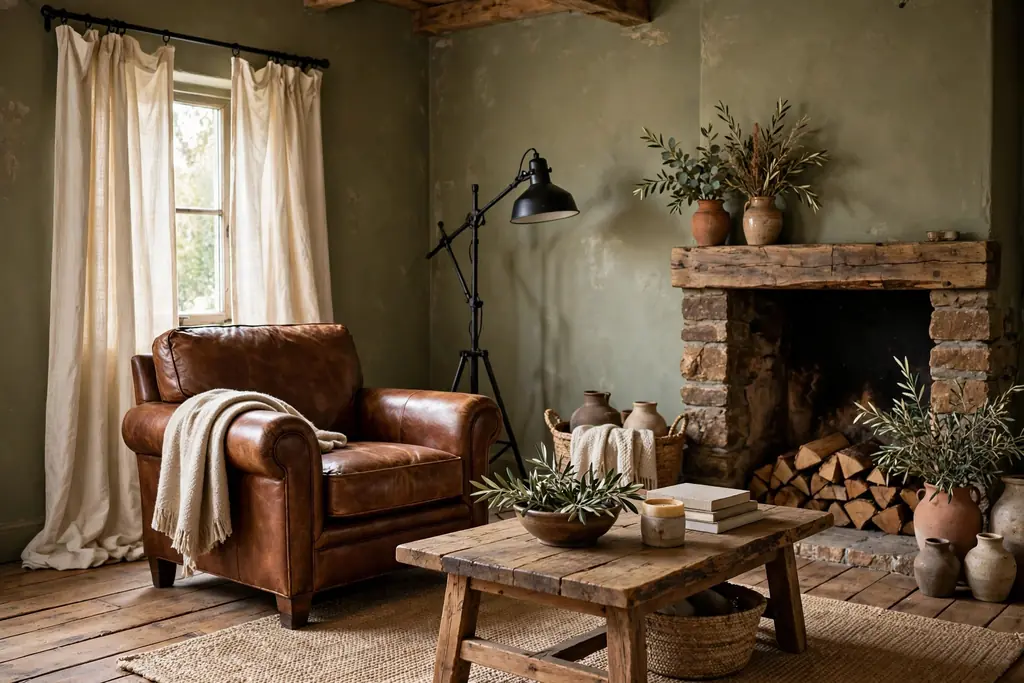 Rustic living room with olive walls, brown leather chair, black metal lamps, and cream curtains.