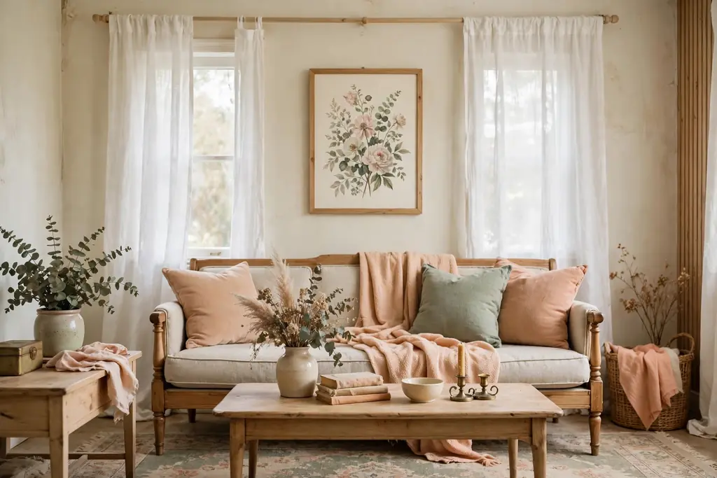 Soft vintage living room with cream walls, peach cushions and throw, sage cushion, and light wood furniture.