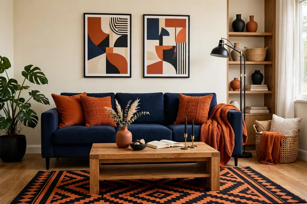 Living room with a navy sofa, rust cushions and throw, cream walls, and a wood coffee table.
