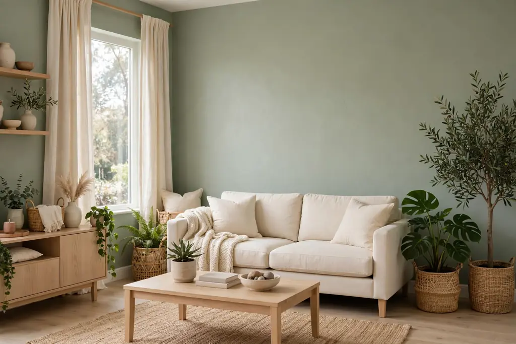 Living room with soft sage green walls, cream sofa, cream curtains, and light wood furniture.