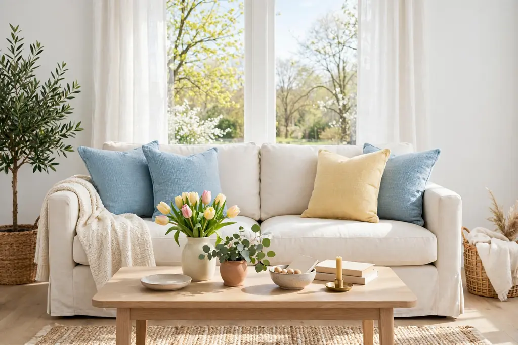Fresh living room with white walls, cream sofa, sky blue cushions, butter yellow cushion, and light wood.