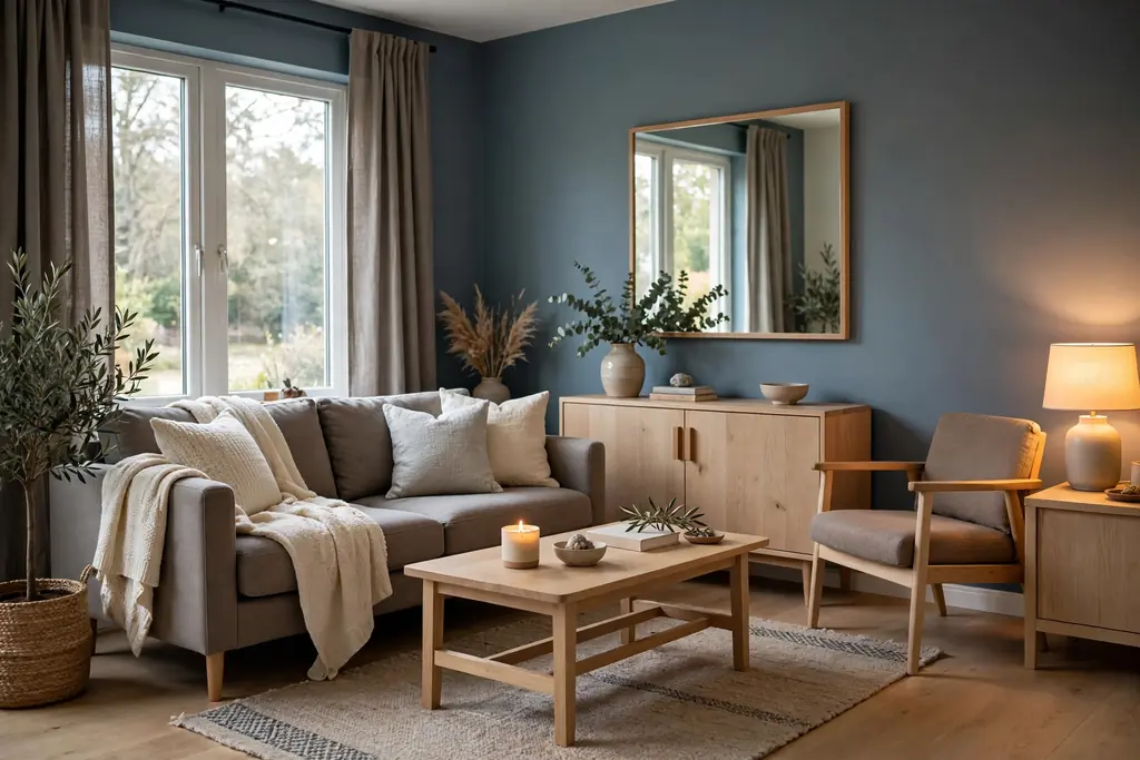 Living room with slate blue walls, warm grey curtains and rug, light wood furniture, and a cream throw.