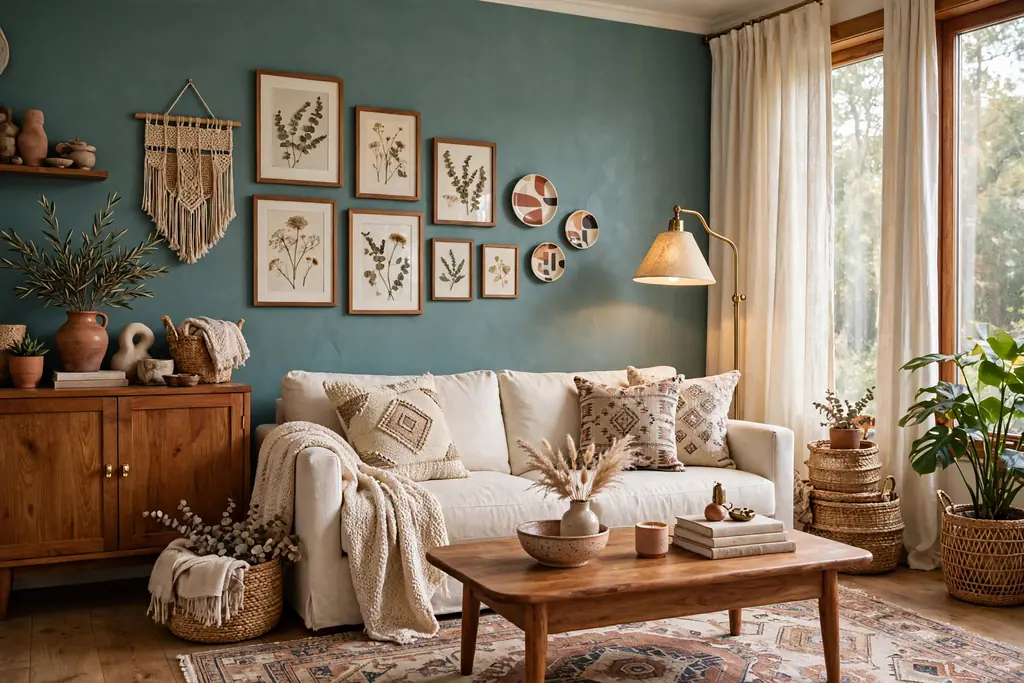 Living room with a dusty teal feature wall, warm wood furniture, cream sofa, and cream curtains.