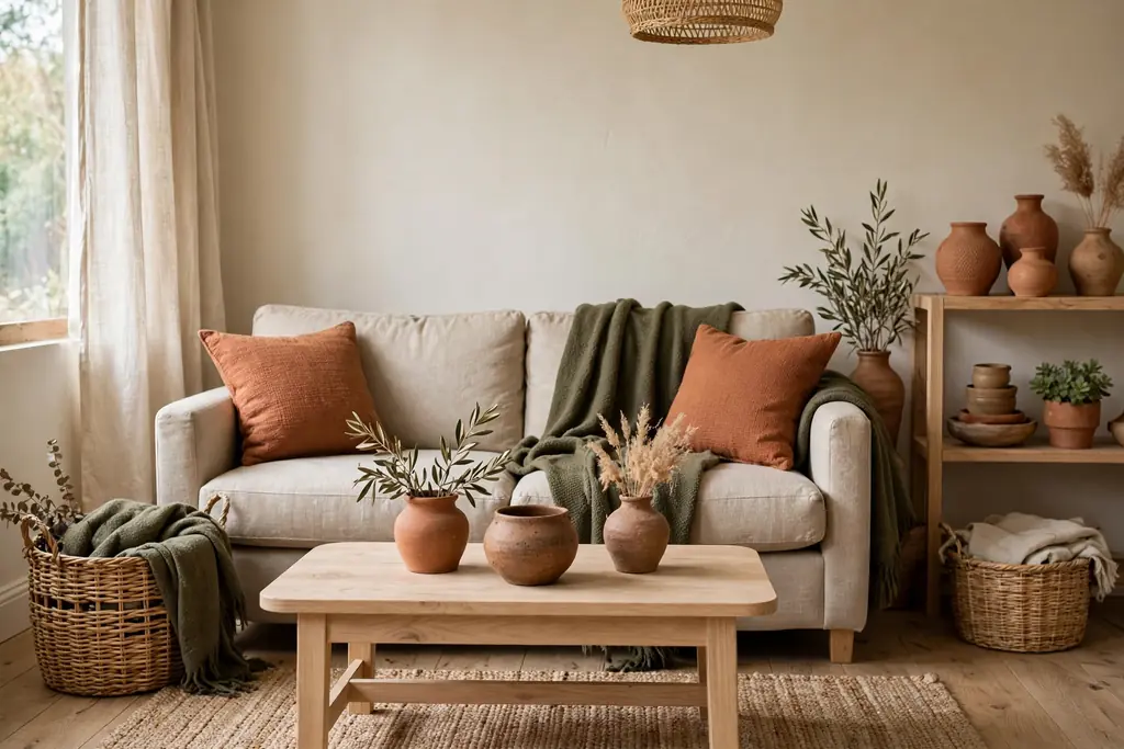 Living room with cream walls, oatmeal sofa, terracotta cushions and pottery, and an olive throw.