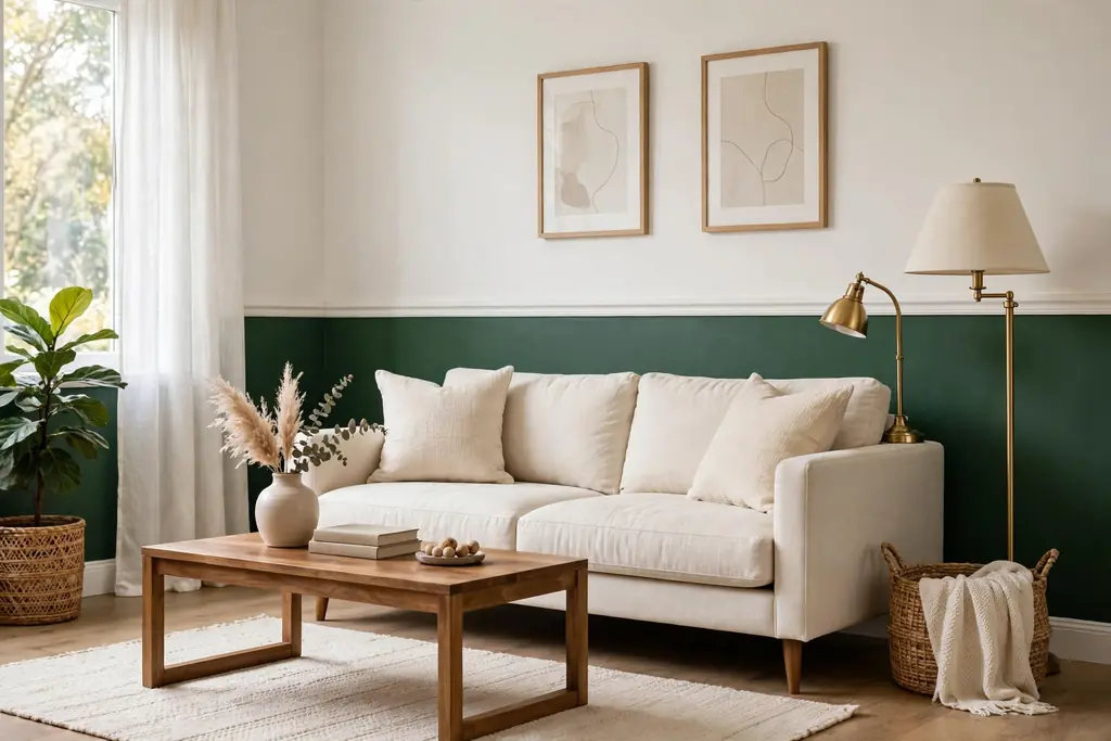 Living room with two tone walls, deep green below and warm white above a chair rail, cream sofa, and mid wood furniture.