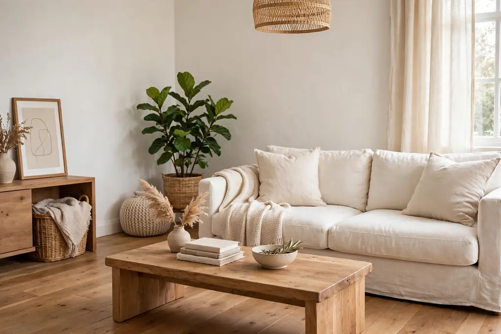 Living room with warm white walls, natural wood coffee table, cream linen sofa, and a green plant.