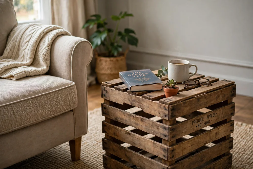 Wooden crate used as a side table beside a living room armchair with a book.