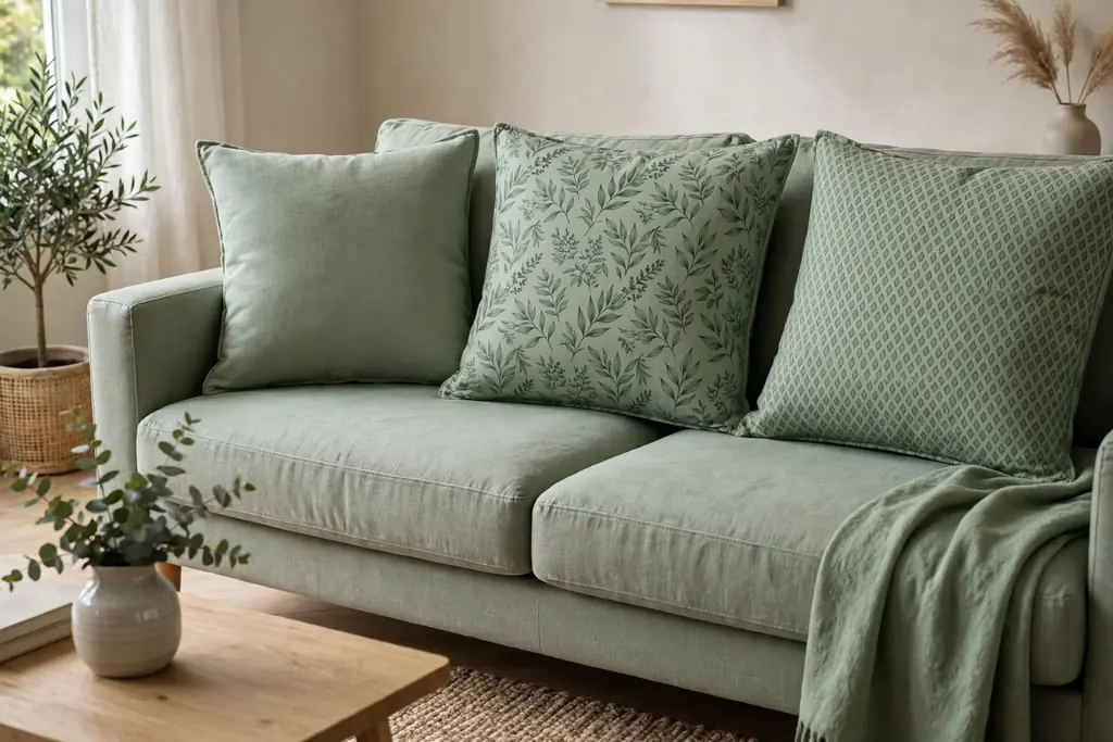 Sofa with fresh cushion covers in plain and patterned tones sharing one color.