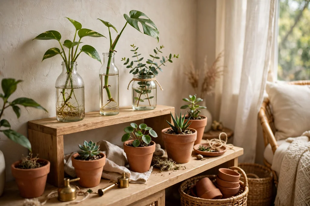 Living room plant corner with cuttings in water, terracotta pots, and small plants.