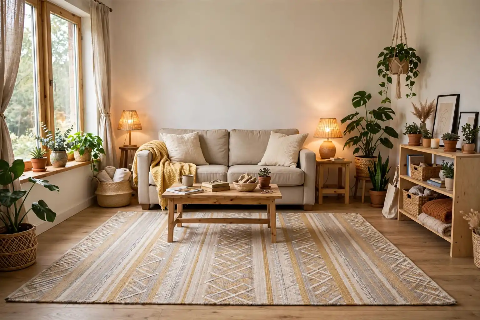 Wide budget friendly living room with a plain sofa, large flatweave rug, plants, and warm lamps.
