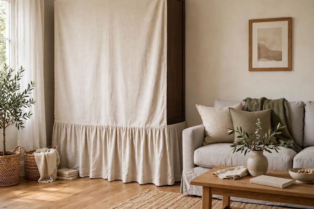 Living room storage unit hidden behind a plain fabric skirt with a sofa nearby.