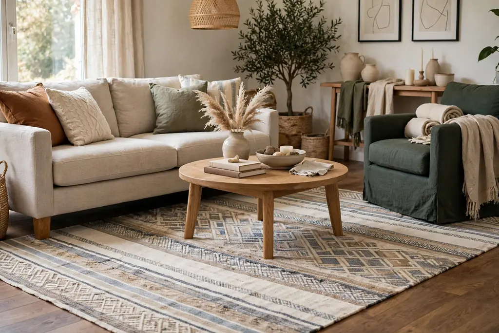 Living room seating group with front sofa legs resting on a large flatweave rug.
