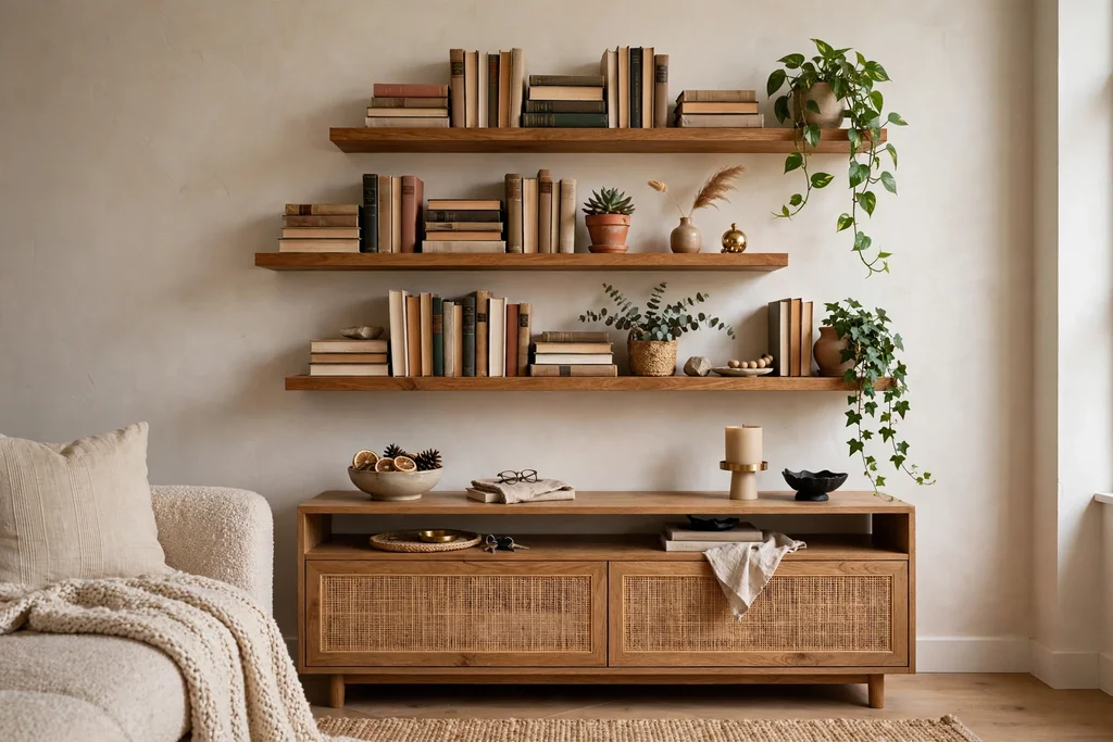 Floating shelves with books and plants above a living room console.