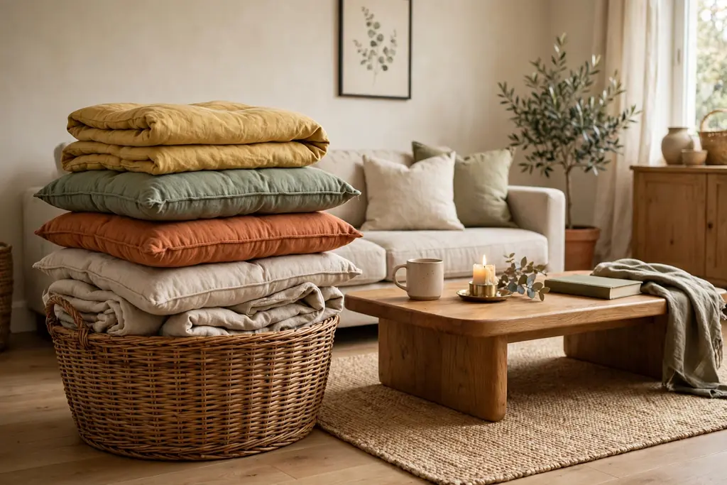 Living room floor cushions stacked in a basket beside a low coffee table.