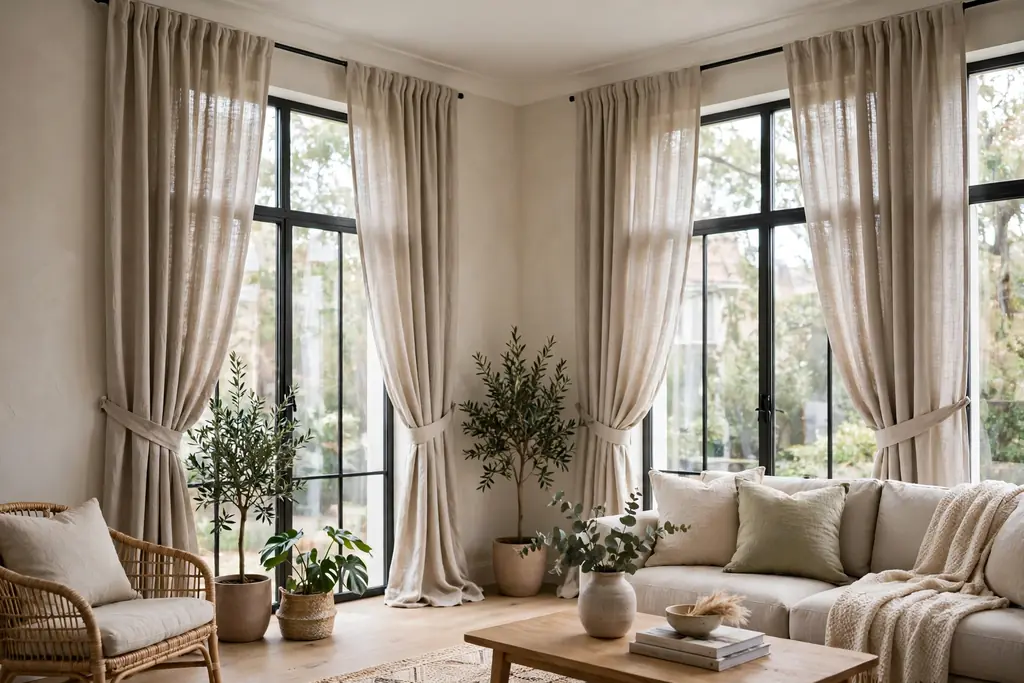 Living room windows with long linen look curtains hung near the ceiling.