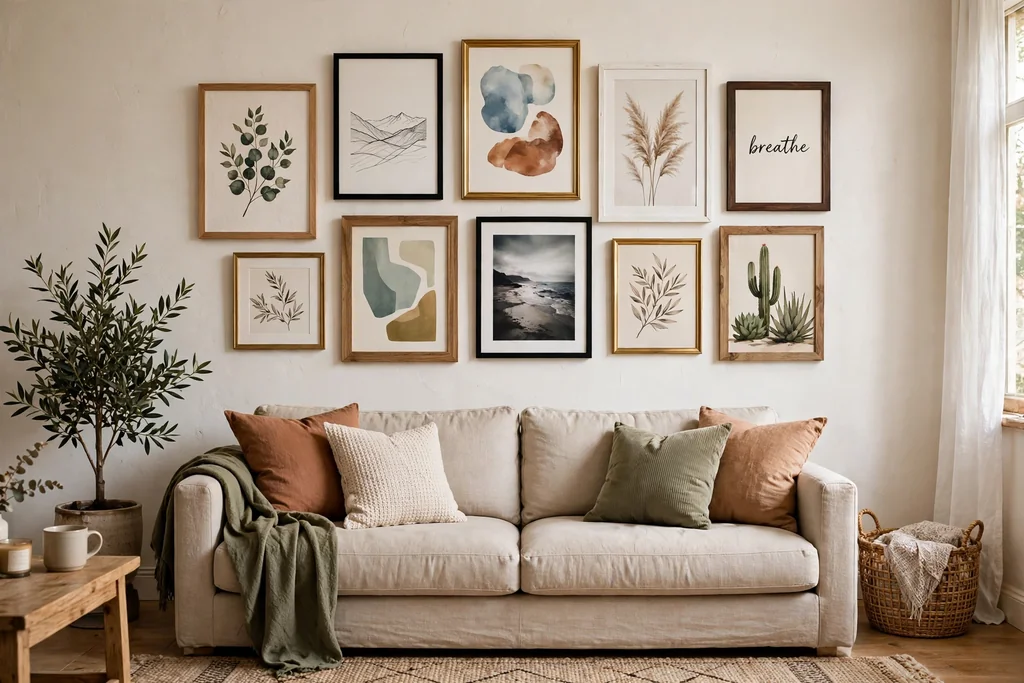 Gallery wall of home printed art in mixed frames above a living room sofa.