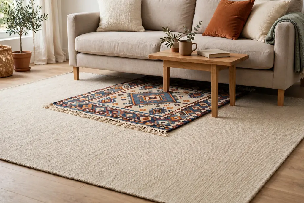 Small patterned rug layered at an angle over a large plain rug under a sofa.