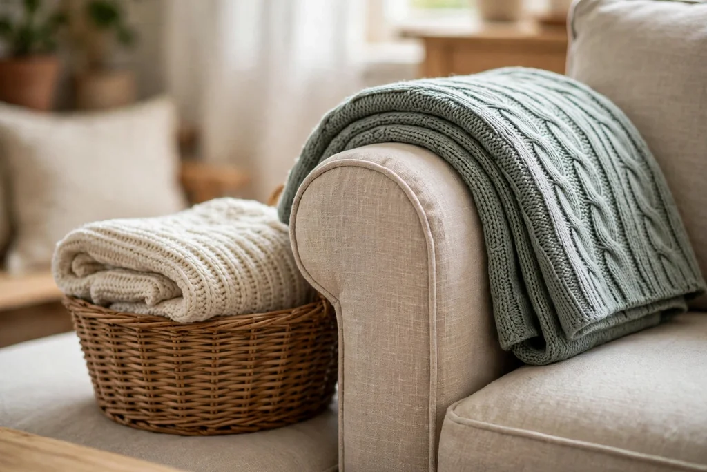 Sofa arm with a folded knit throw and a basket holding a second throw.