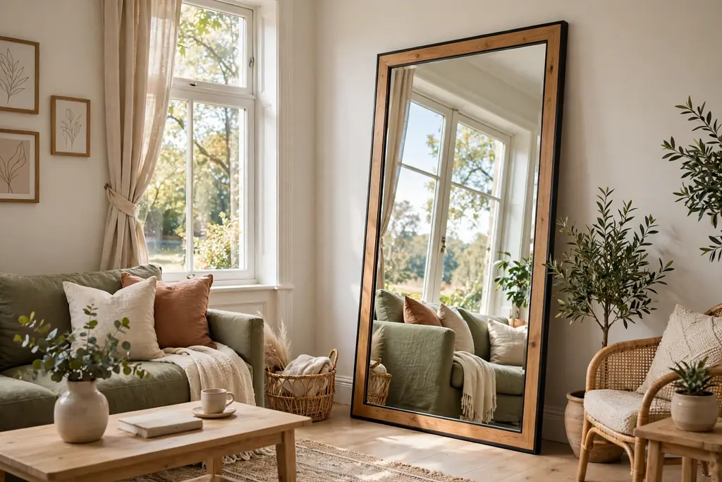 Large leaning mirror beside a window reflecting daylight in a living room.