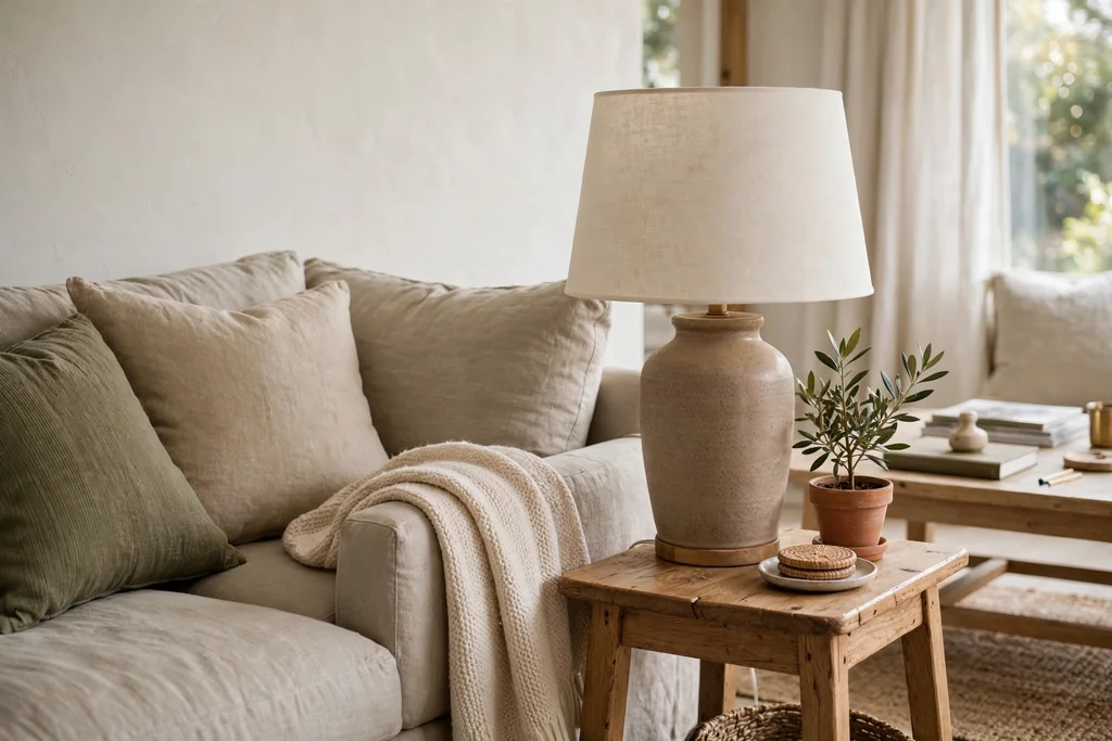 Table lamp with a fresh plain linen shade beside a living room sofa.