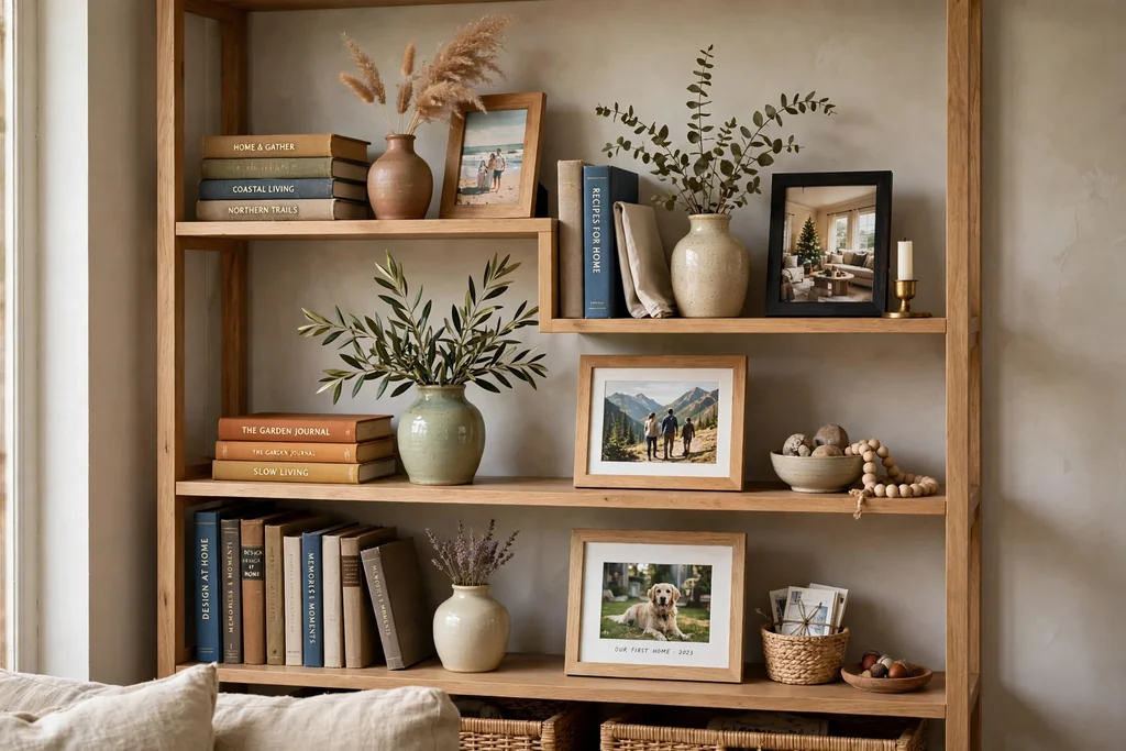 Open living room shelves styled with books, vases, and framed photos from home.