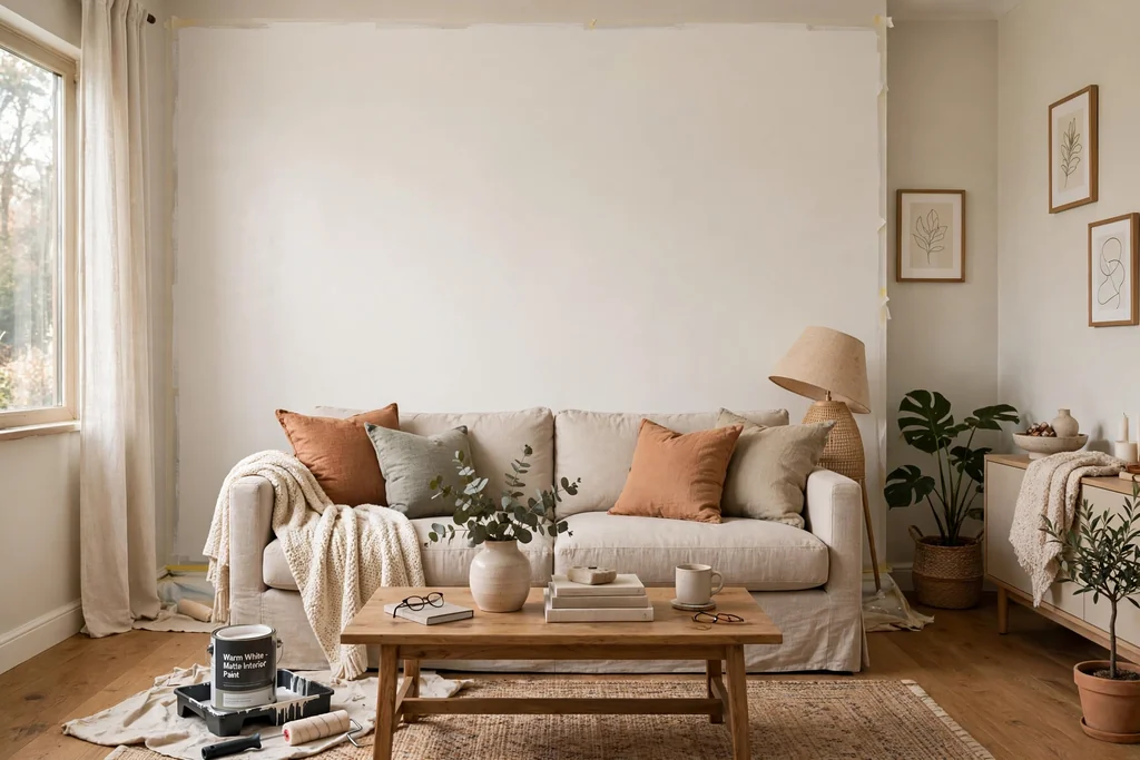 Living room with one freshly painted warm white accent wall behind a sofa.