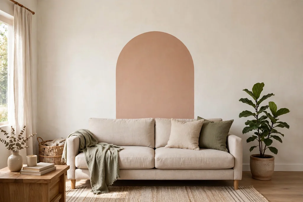 Living room wall with a simple painted arch behind a sofa and a plant.