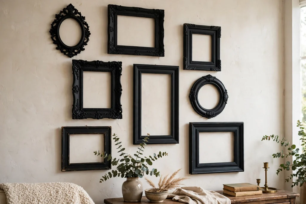 Set of thrifted frames painted one shared black color on a living room wall.