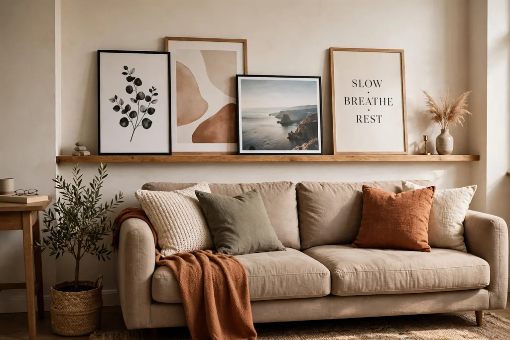 Picture ledge with leaning framed prints above a living room sofa.