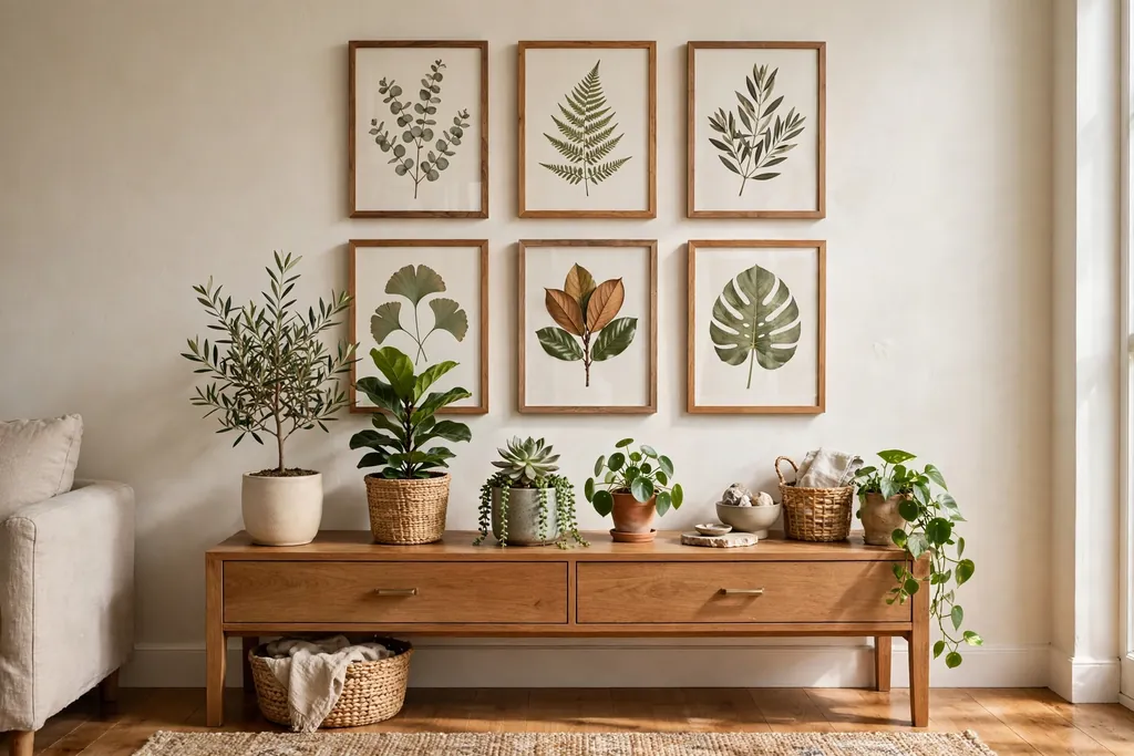 Botanical gallery wall with framed prints above a console holding live plants.