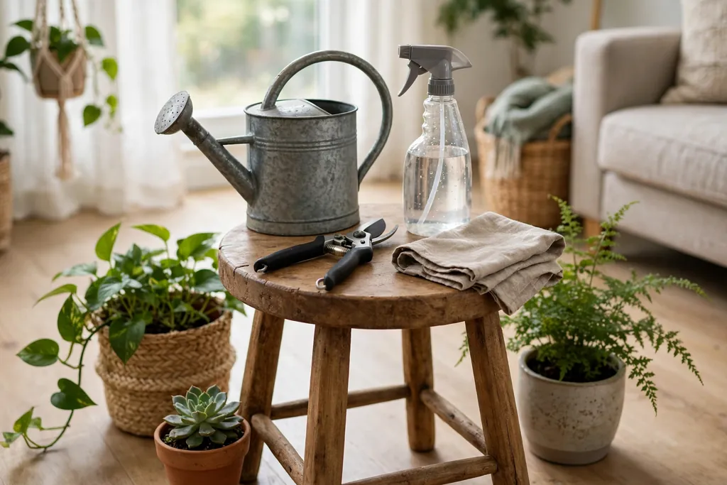 Plant care station with a watering can, shears, spray bottle, and plants nearby.