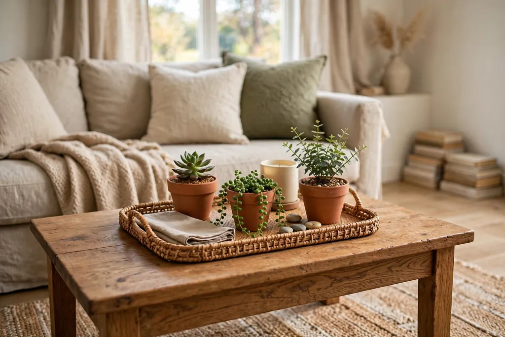 Coffee table tray garden with three small potted plants in a living room.
