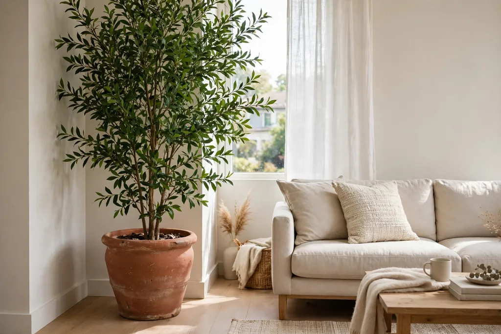 Tall leafy tree in a large floor pot in a living room corner beside a sofa.