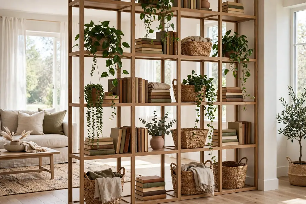 Open bookcase room divider filled with books, baskets, and potted plants.