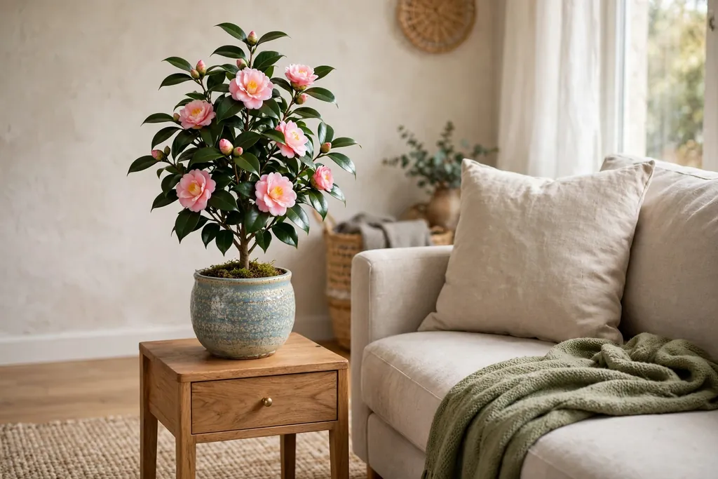 Single feature plant on a side table beside a sofa in a living room.