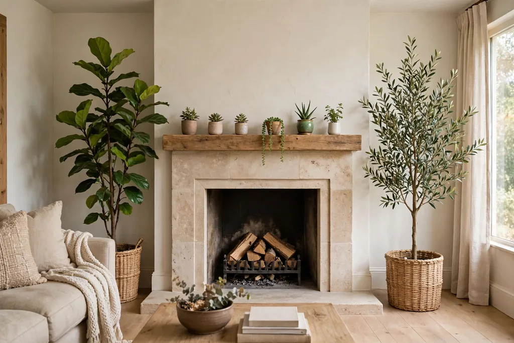Fireplace framed by tall plants on each side and small pots on the mantel.