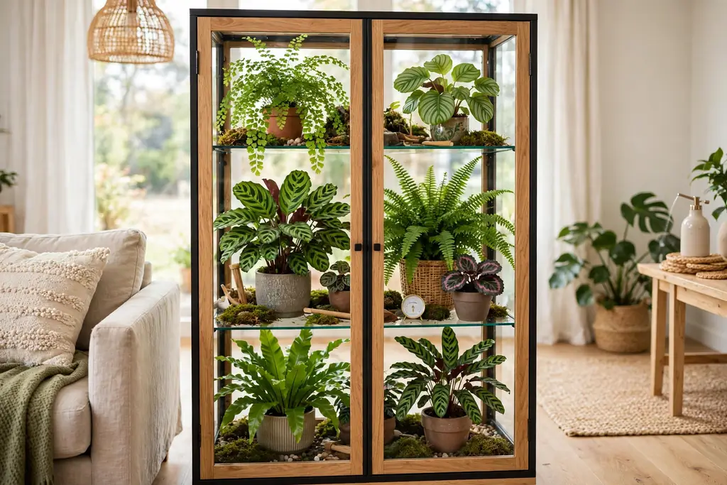 Glass fronted cabinet filled with humidity loving plants in a living room.