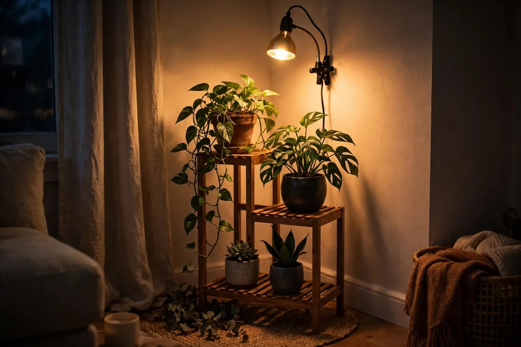 Plant corner under a grow light on a stand in a dim living room corner.