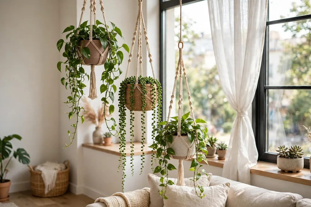 Hanging planters at varied heights with trailing plants near a living room window.